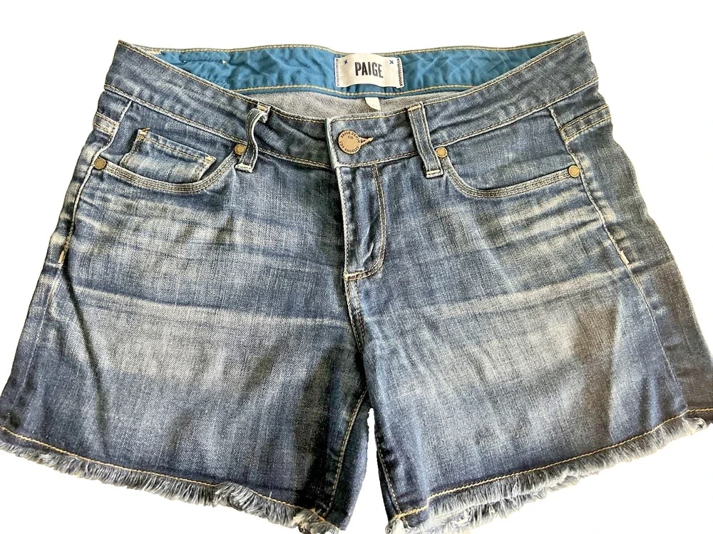 Women's Paige Premium Denim Shorts Mid Rise Raw Hem Relaxed Boyfriend SZ 25